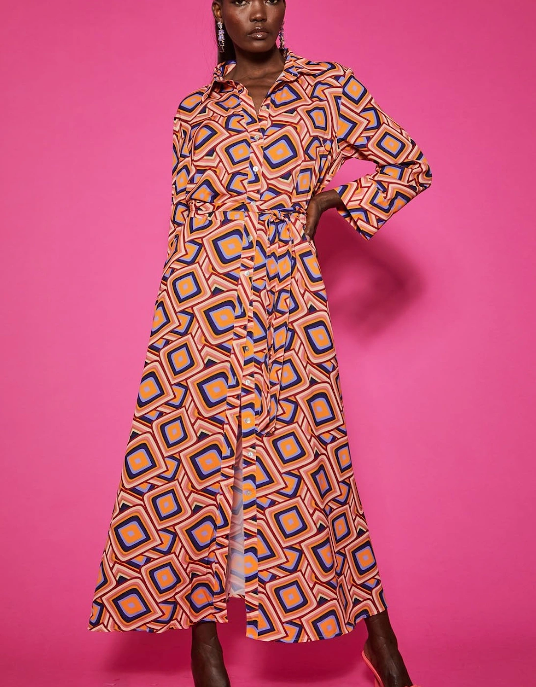 Silk Blend Maxi Shirt Dress in Geometric Print