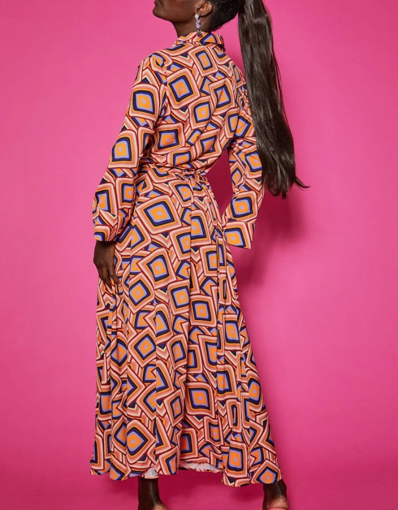 Silk Blend Maxi Shirt Dress in Geometric Print