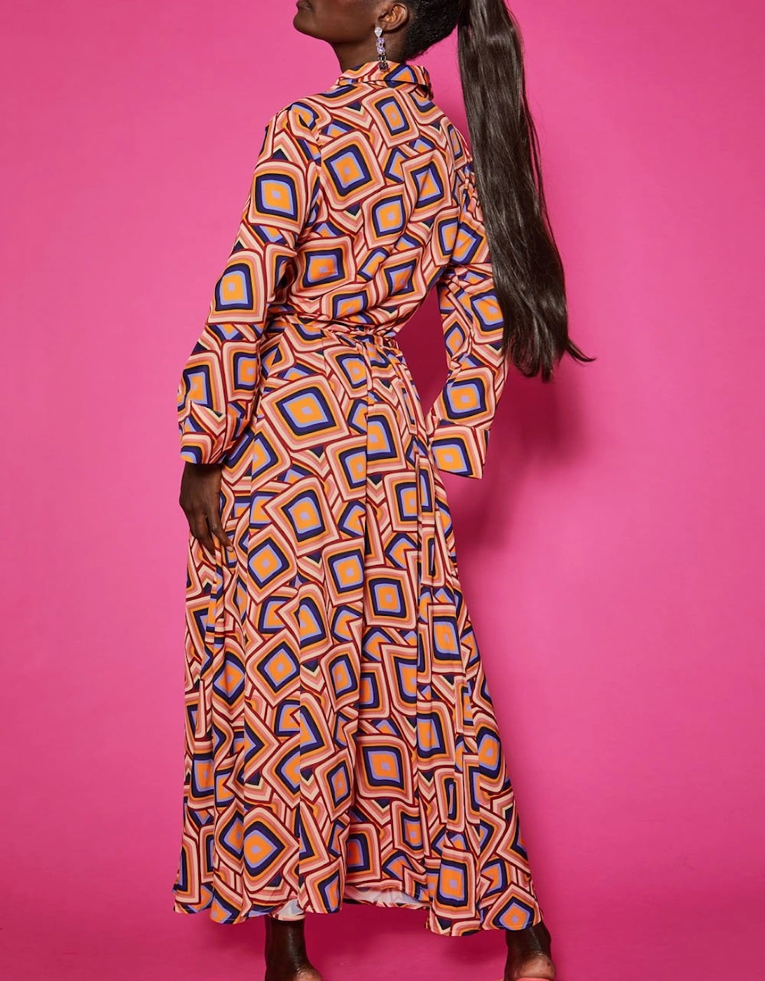 Silk Blend Maxi Shirt Dress in Geometric Print
