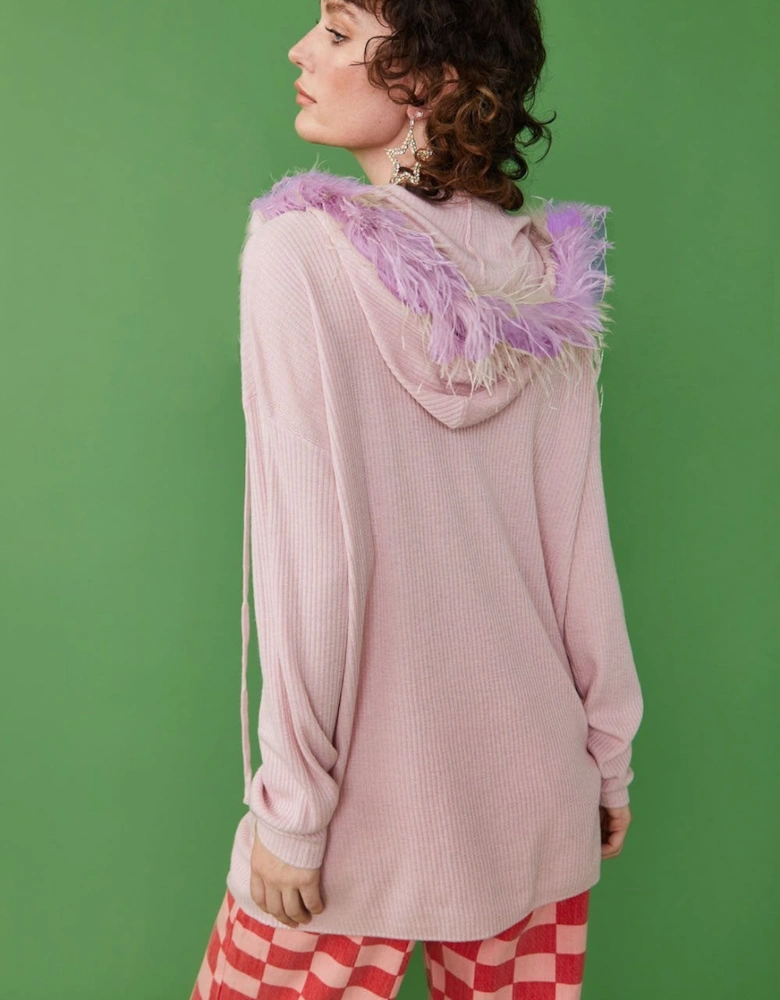 Pink Cashmere Blend Hooded Jumper with Feathered Hood