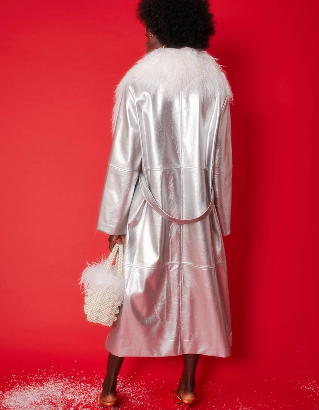 Silver Metallic Trench with Removable Mongolian Collar