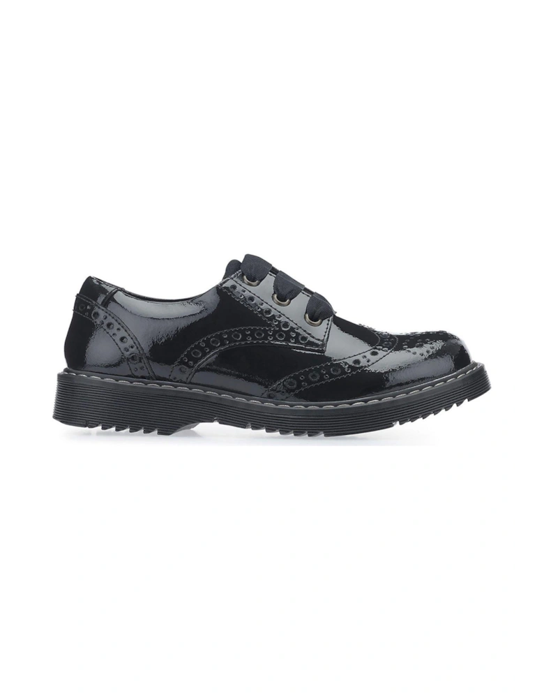 Impulsive Girls Black Patent Leather Lace Up Chunky Sole School Shoes With Brogue Styling - Black