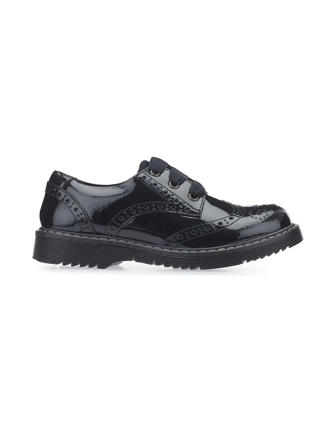 Impulsive Girls Black Patent Leather Lace Up Chunky Sole School Shoes With Brogue Styling - Black, 2 of 1