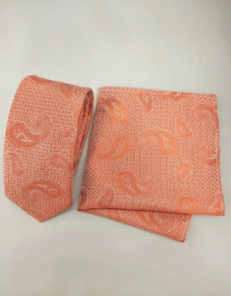 Orange Paisley Woven Poly Tie Set