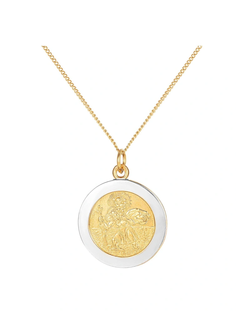 18ct Gold Plated Sterling Silver Two-tone St. Christopher Pendant, 18" Adjustable Curb Chain