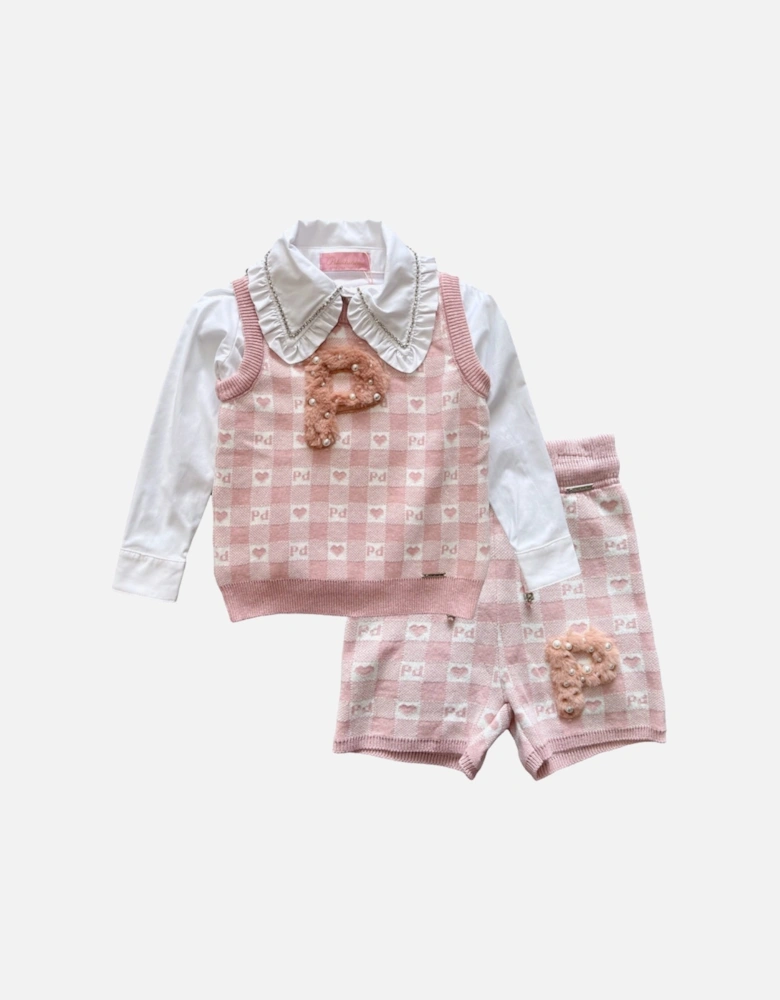 Pink Knit 3 Piece Vest Short Set
