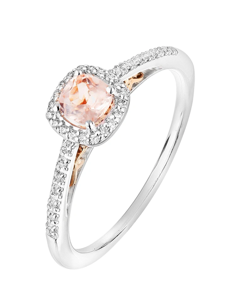 9ct White and Rose Gold 0.10ct Diamond and 4mm Cushion Morganite Halo Ring