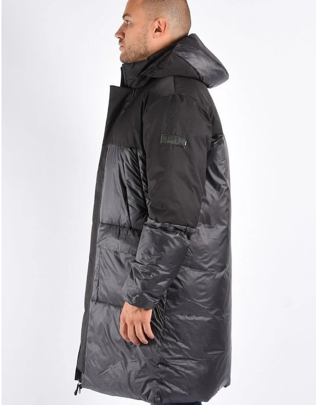 Nylon Zip Up Hooded Long Length Black Puffer Jacket