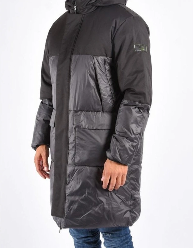 Nylon Zip Up Hooded Long Length Black Puffer Jacket