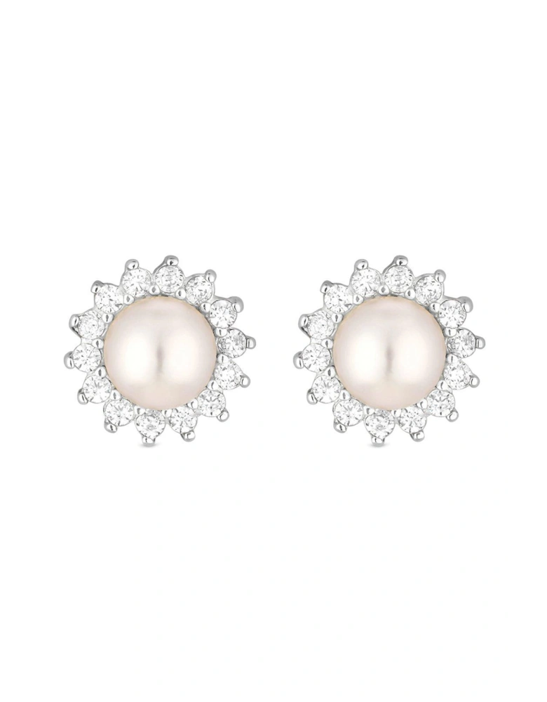 Sterling Silver 925 Freshwater Pearl And Cubic Zirconia Halo Stud Earrings