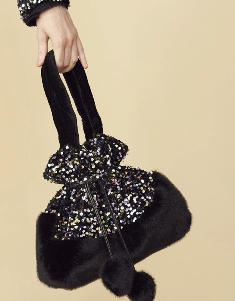 Black Sequin and Faux Fur Bag