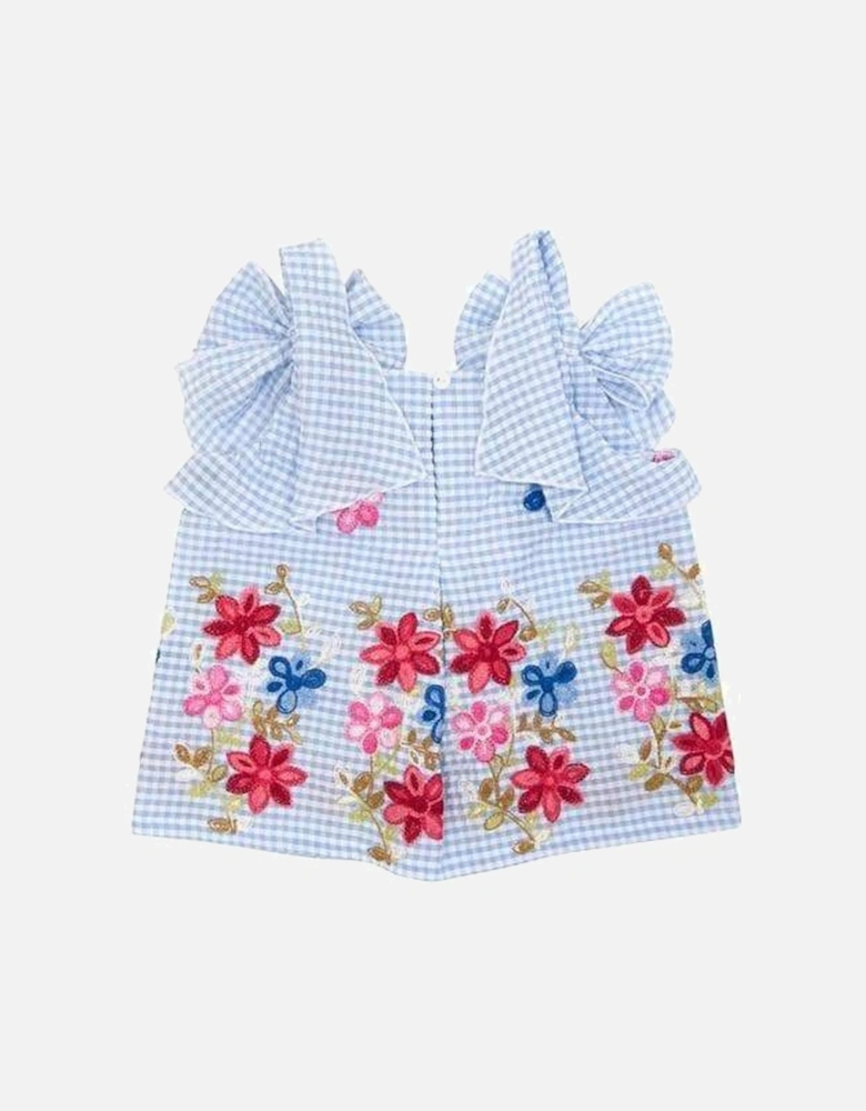 Girls Blue Gingham Embroidered Blouse