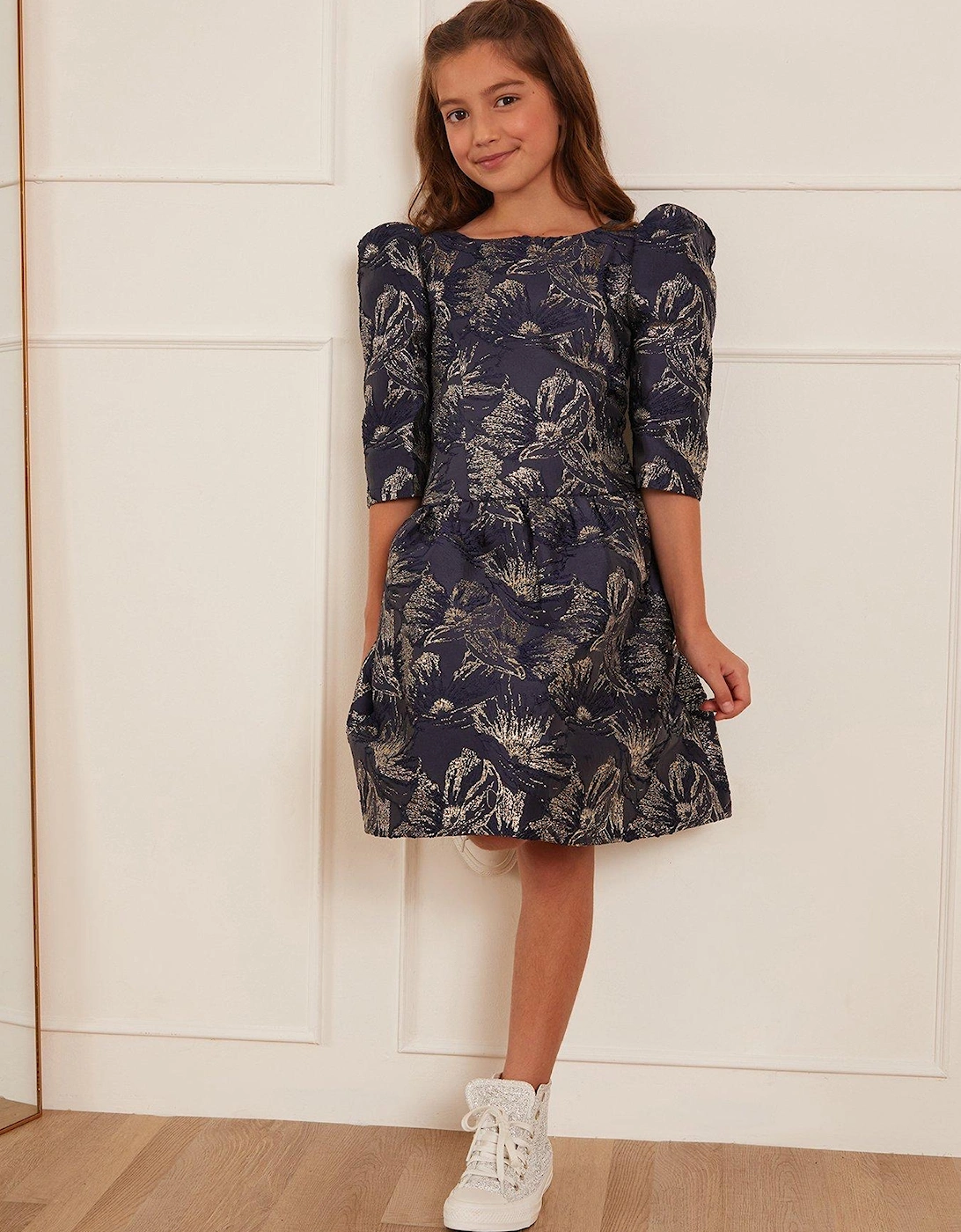 Girls Long Sleeve Jacquard Mini Dress - Navy, 2 of 1