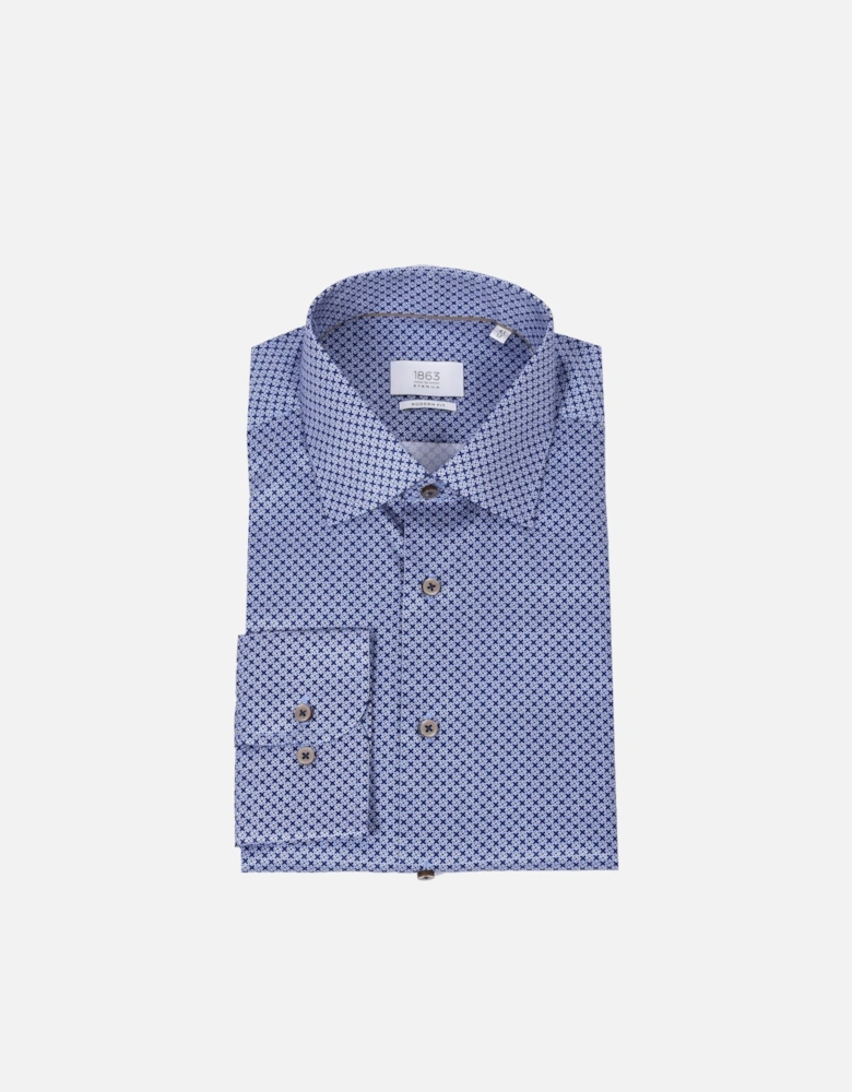 Eterna Cut Away Collar Long Sleeved Shirt Blue Patterned