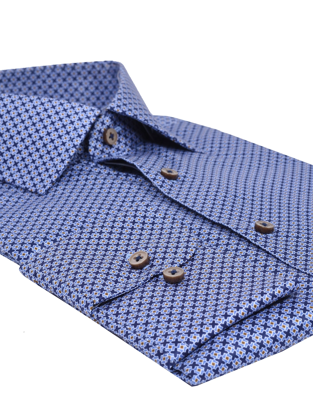 Eterna Cut Away Collar Long Sleeved Shirt Blue Patterned