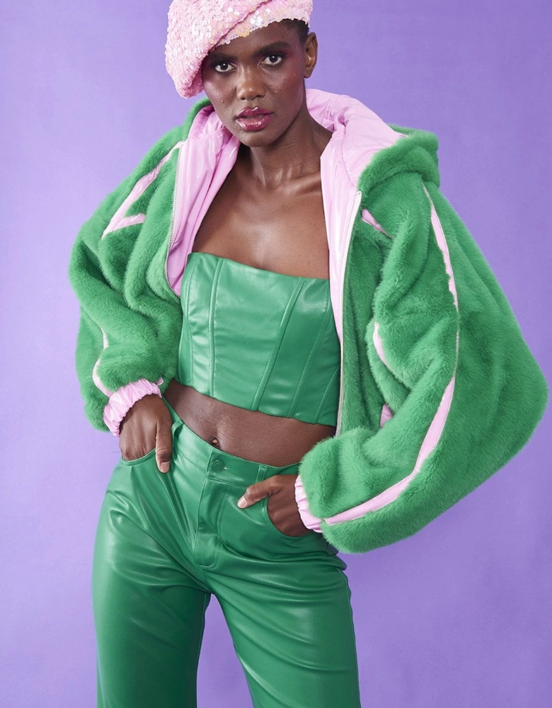 Green and Pink Faux Fur and Eco Leather Reversible Hooded Bomber Jacket