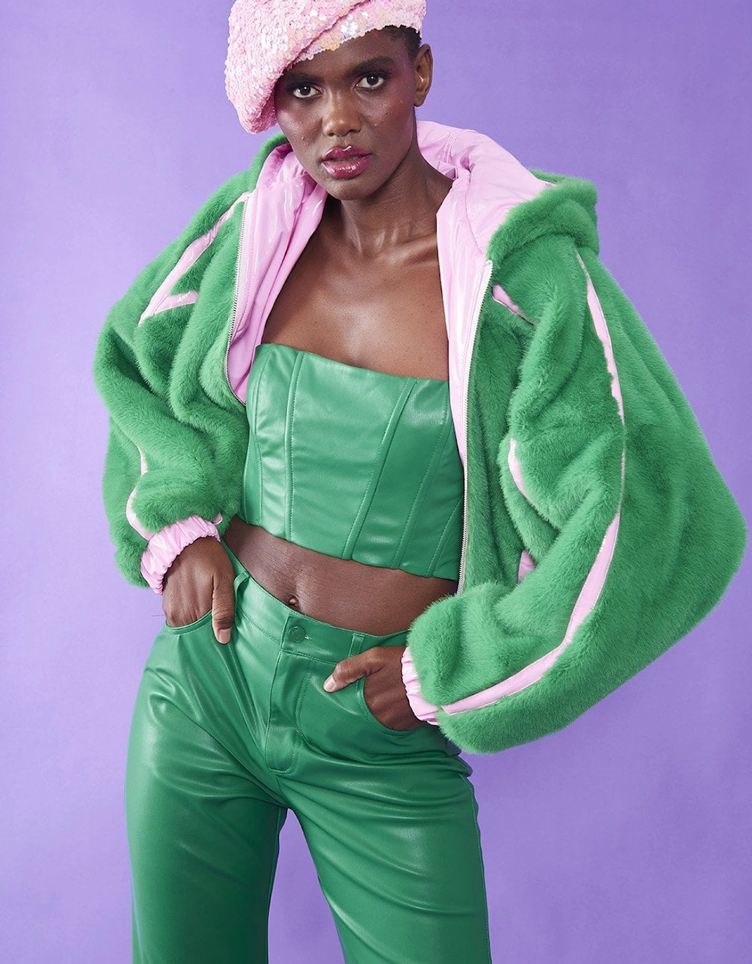 Green and Pink Faux Fur and Eco Leather Reversible Hooded Bomber Jacket