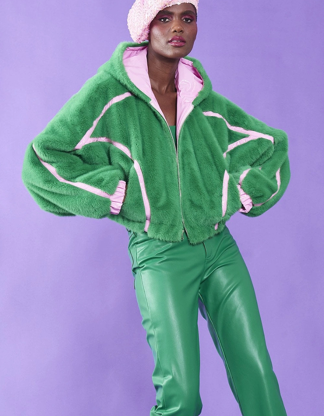 Green and Pink Faux Fur and Eco Leather Reversible Hooded Bomber Jacket