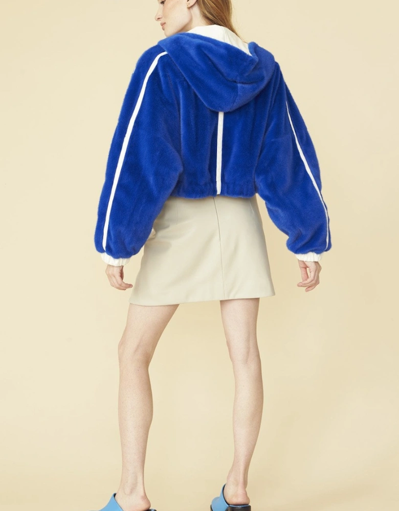 Blue and White Faux Fur and Eco Leather Reversible Hooded Bomber Jacket