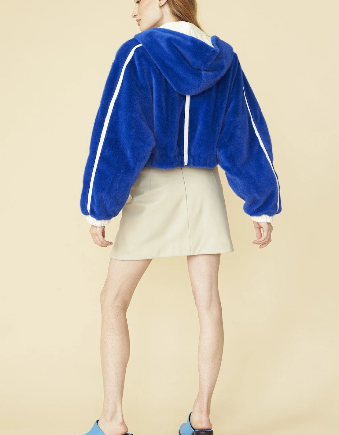 Blue and White Faux Fur and Eco Leather Reversible Hooded Bomber Jacket