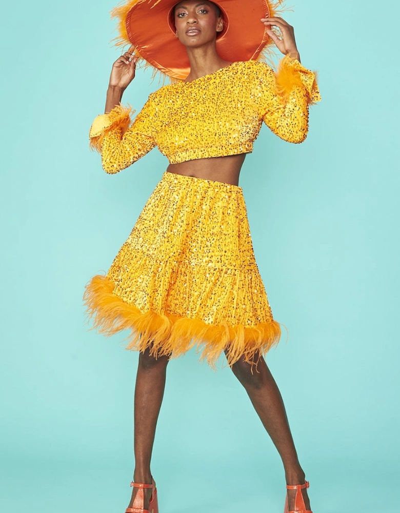 Orange Sequin Cropped Long Sleeve Top with Feather Trim