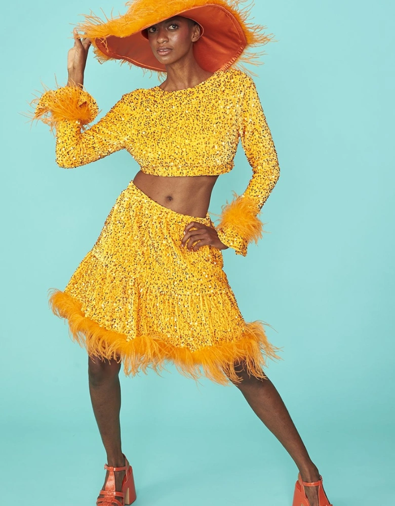 Orange Sequin Cropped Long Sleeve Top with Feather Trim