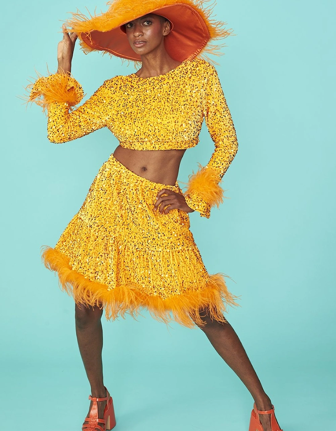 Orange Sequin Skater Skirt With Feather Trim