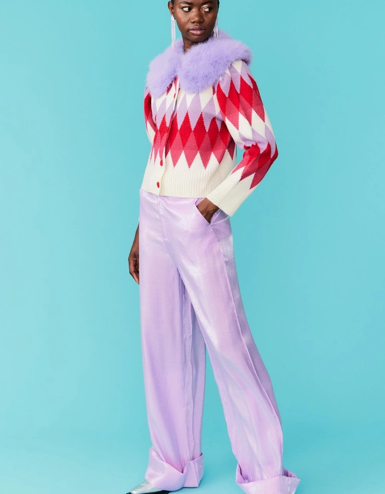Diamond Design Banana Peel Cardigan Multi-Coloured with Faux Fur Collar