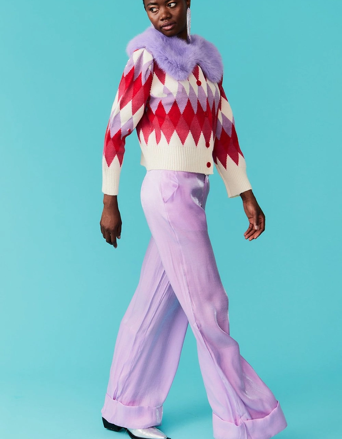 Diamond Design Banana Peel Cardigan Multi-Coloured with Faux Fur Collar