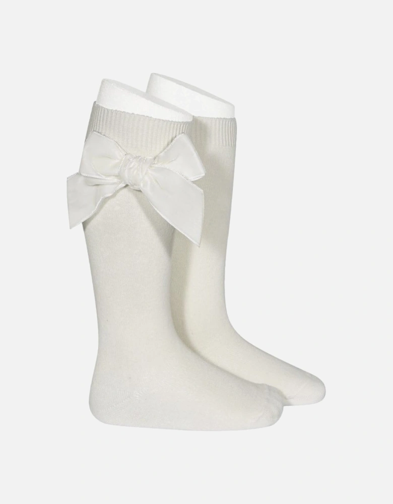 Cream Velvet Bow Knee Socks