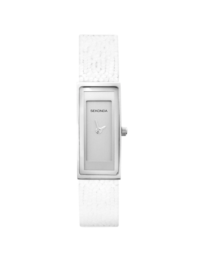 Ladies Slimline Rectangle White Leather Strap with Silver Dial Watch