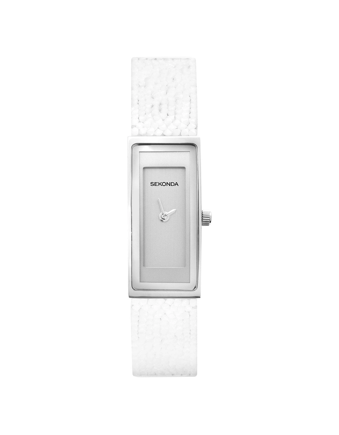 Ladies Slimline Rectangle White Leather Strap with Silver Dial Watch, 3 of 2
