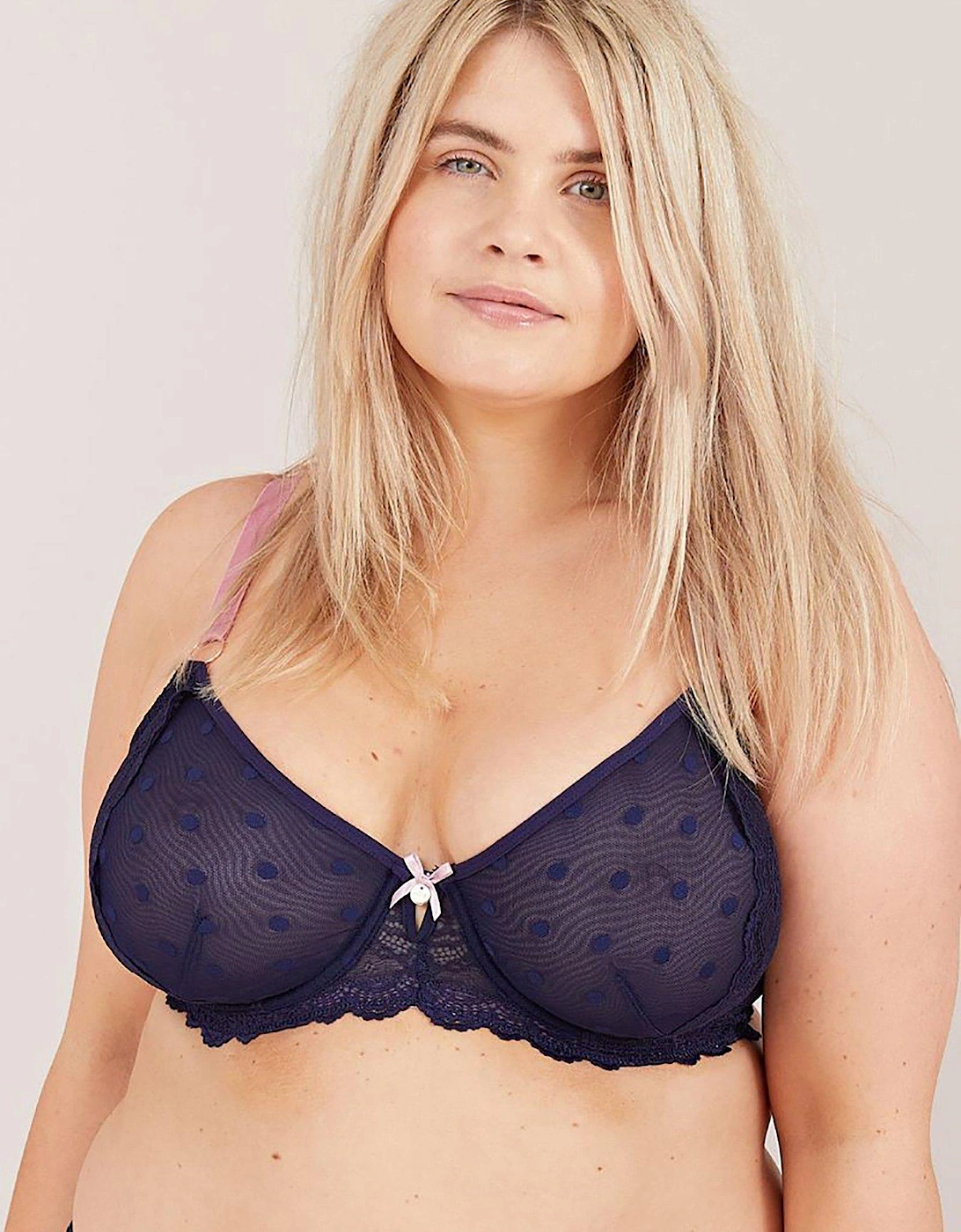 Spot And Lace Underwired Bra - Navy, 6 of 5
