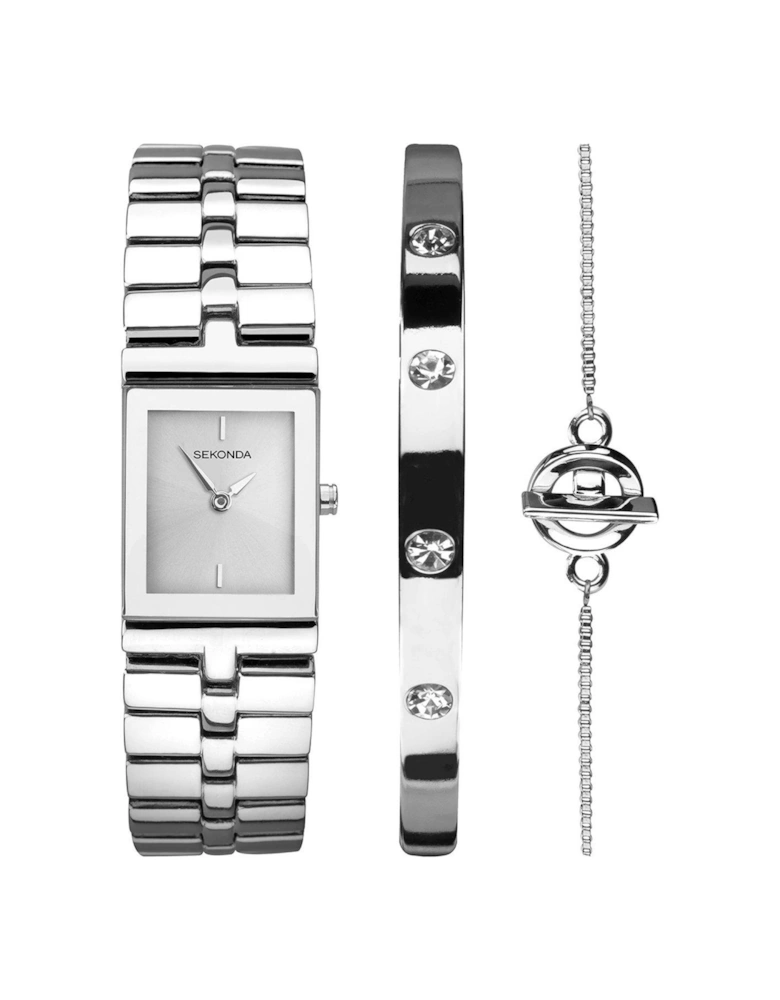 Ladies Silver Bracelet Watch with Silver Dial Gift Set