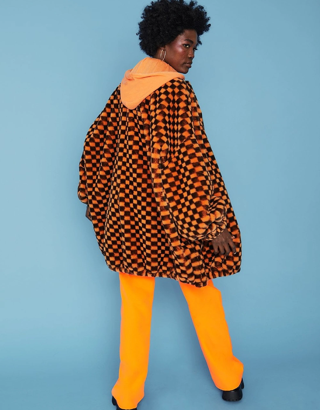 Orange oversized Checkered Zip Coat