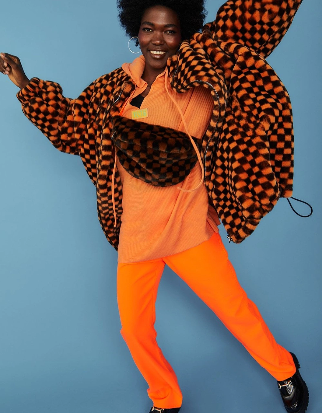 Orange oversized Checkered Zip Coat, 4 of 3