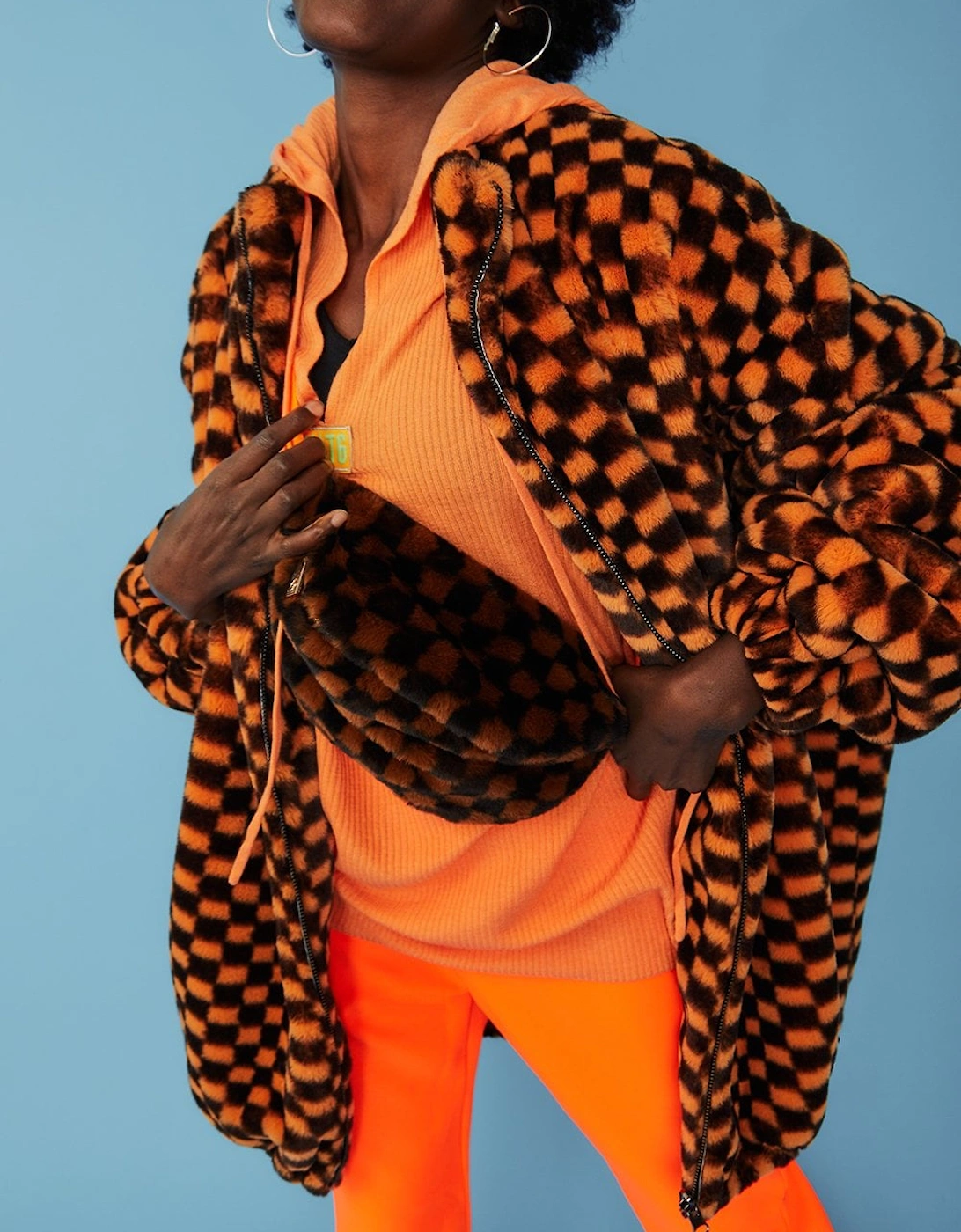 Orange oversized Checkered Zip Coat