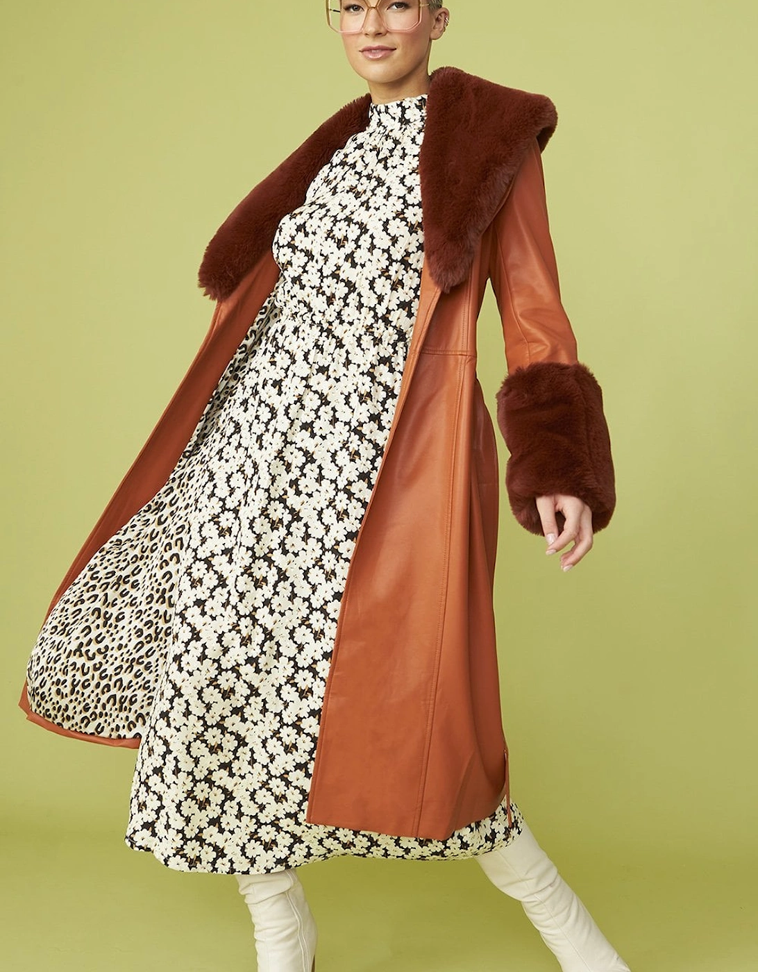 Brown Trench Style Belted Coat with Faux Fur Cuffs and Collar, 6 of 5