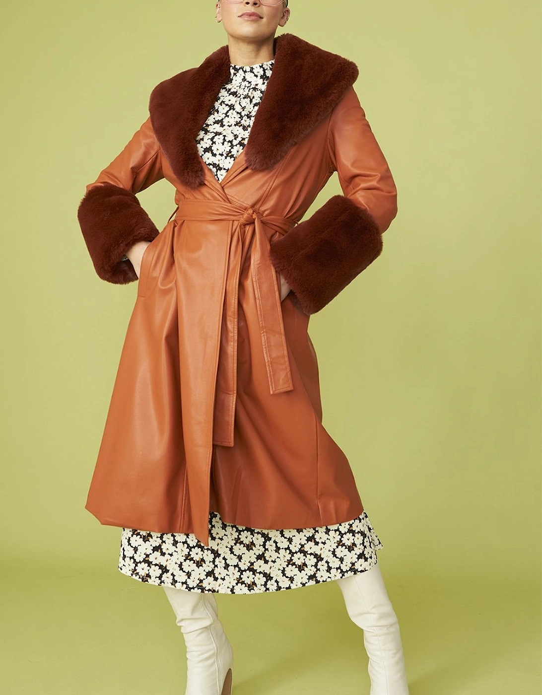 Brown Trench Style Belted Coat with Faux Fur Cuffs and Collar