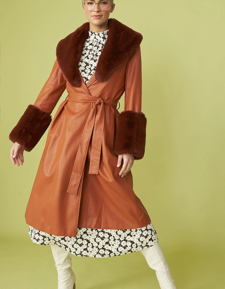 Brown Trench Style Belted Coat with Faux Fur Cuffs and Collar