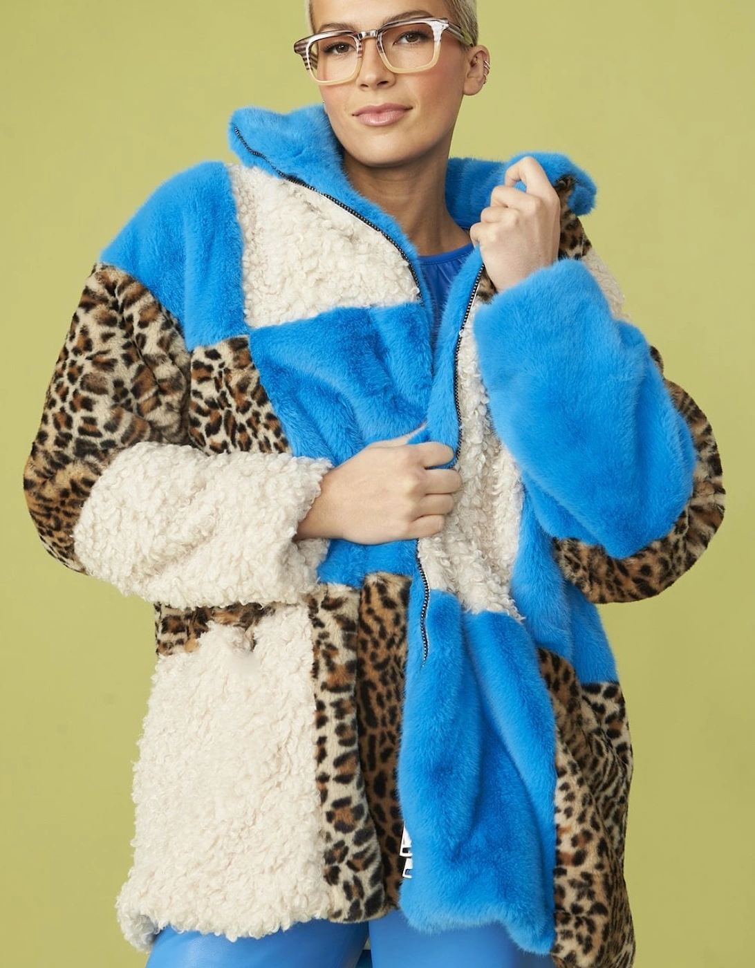 Midi Checkered Leopard Print and Shearling Faux Fur Coat