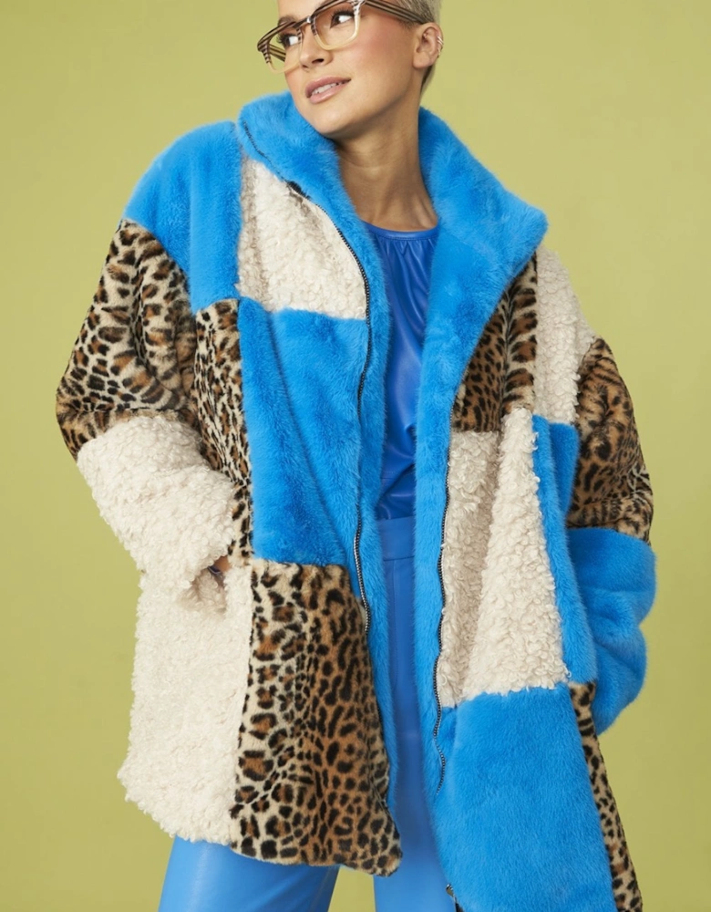 Midi Checkered Leopard Print and Shearling Faux Fur Coat