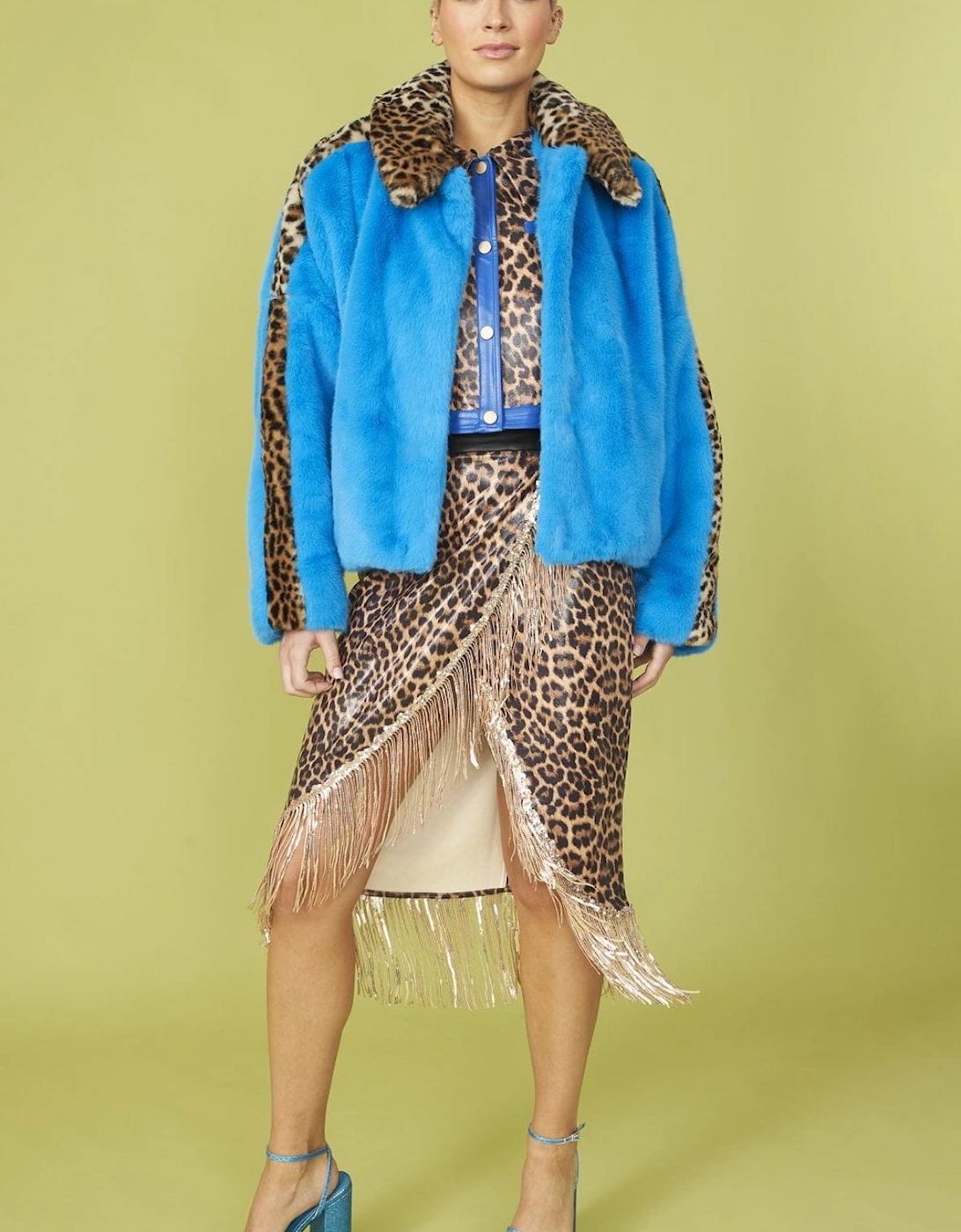 Blue and Leopard Print Faux Fur Coat