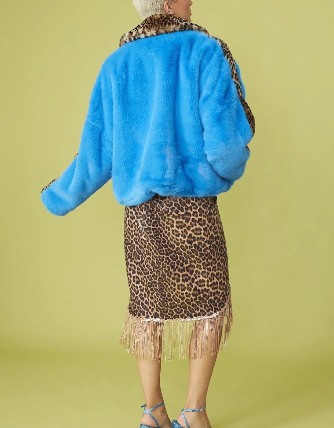 Blue and Leopard Print Faux Fur Coat