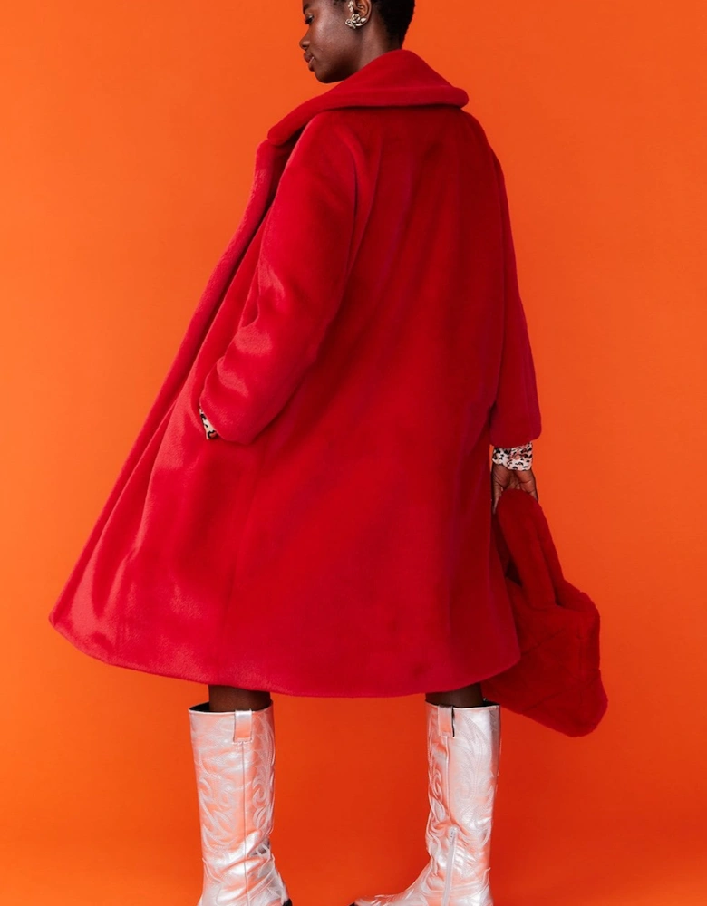 Red Faux Fur Midi Coat