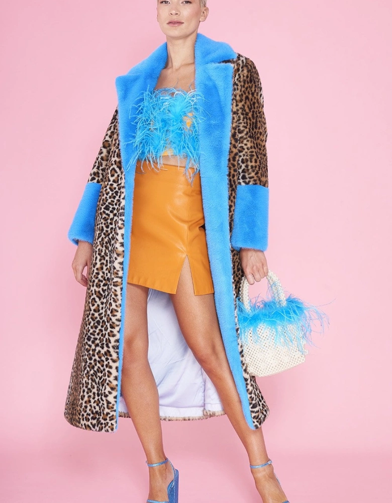 Animal Print Faux Fur Maxi Coat with Clashing Blue Cuffs and Collar