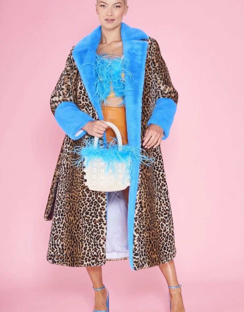 Animal Print Faux Fur Maxi Coat with Clashing Blue Cuffs and Collar