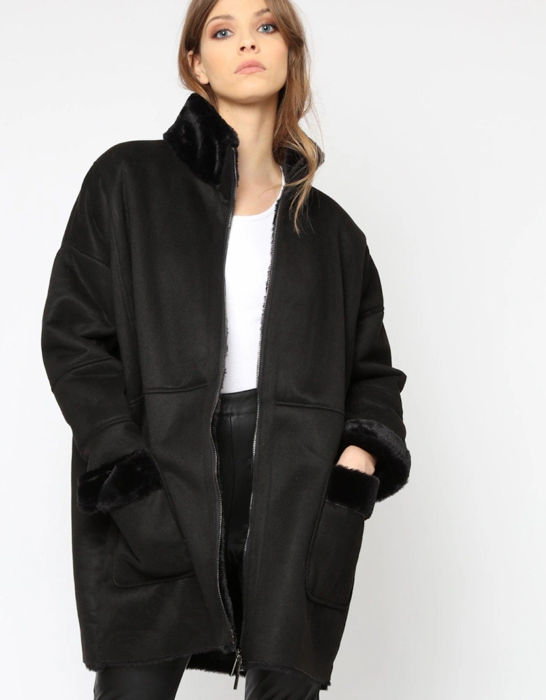 Faux Sheepskin Zip Coat - Black