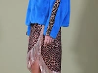 Blue and Leopard Print Faux Fur Coat