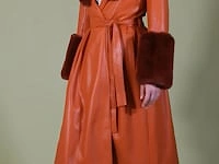 Brown Trench Style Belted Coat with Faux Fur Cuffs and Collar
